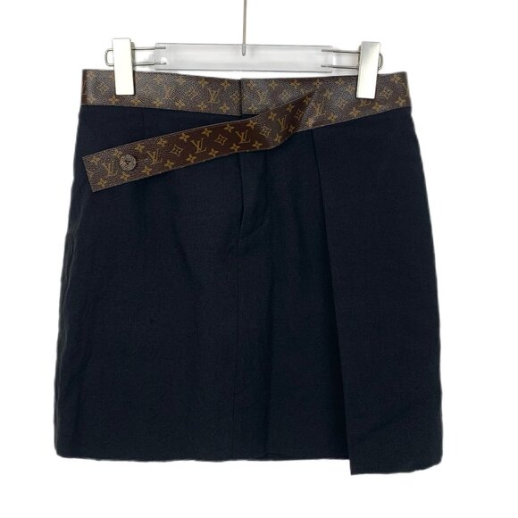 X12194 Louis Vuitton black logo monogram belt linen casual skirt size 38 slightl